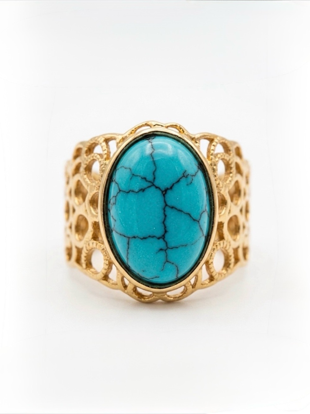 Turquoise Oval Stone Stainless Steel Ring Boho Filigree Design Tarnish Free
